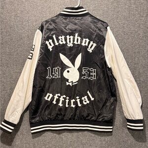 Playboy 1953 Varsity Satin Bomber Jacket Mens L black white snap up track light